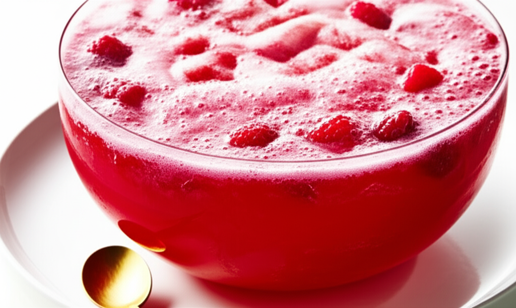 Bright red punch in a glass bowl, topped with raspberries and foam, served with a gold spoon.