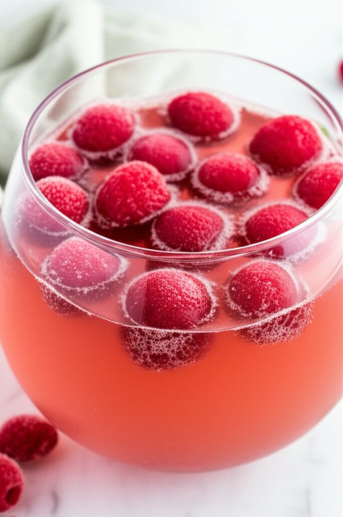Pink punch in glass bowl, topped with frosted raspberries.