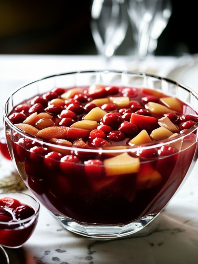 Wine punch in glass bowl with cranberries and apple chunks.
