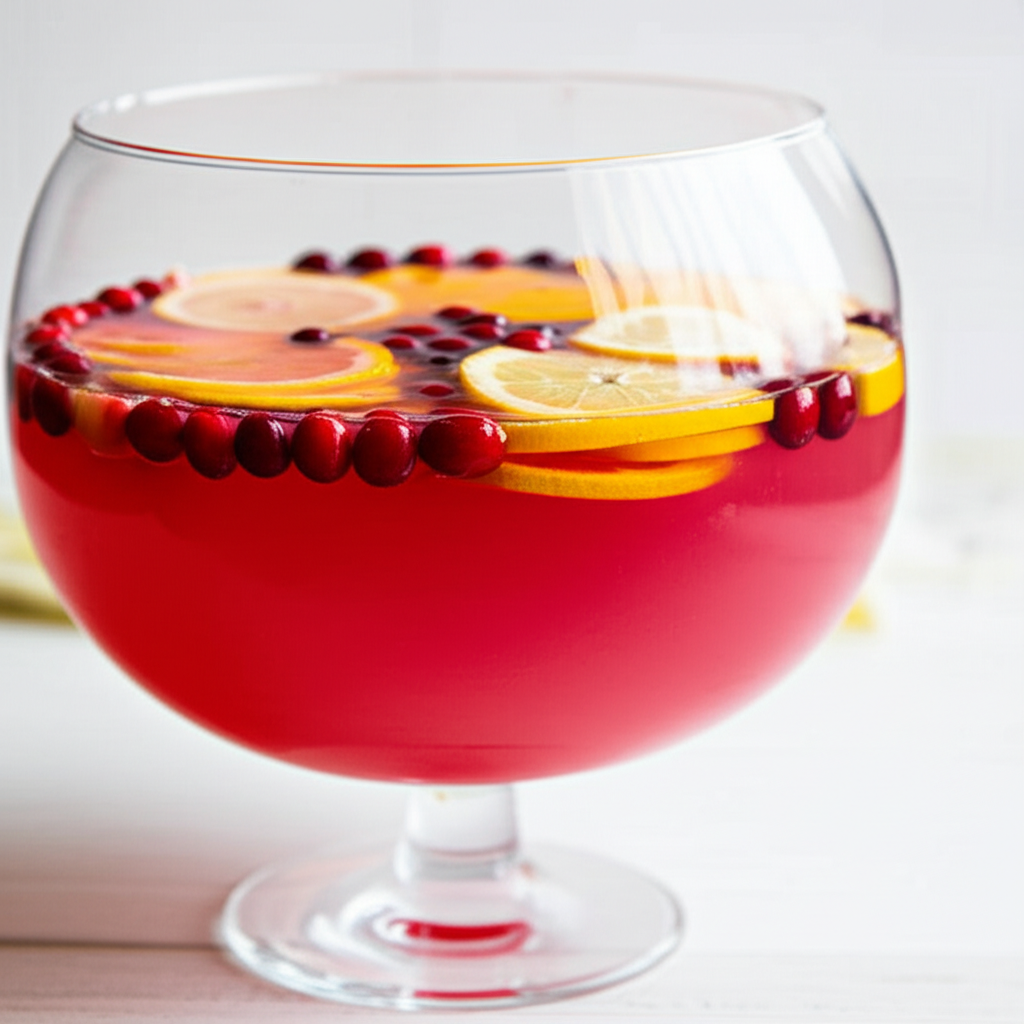 Pink punch in glass bowl, garnished with cranberries, lemon, and orange slices.