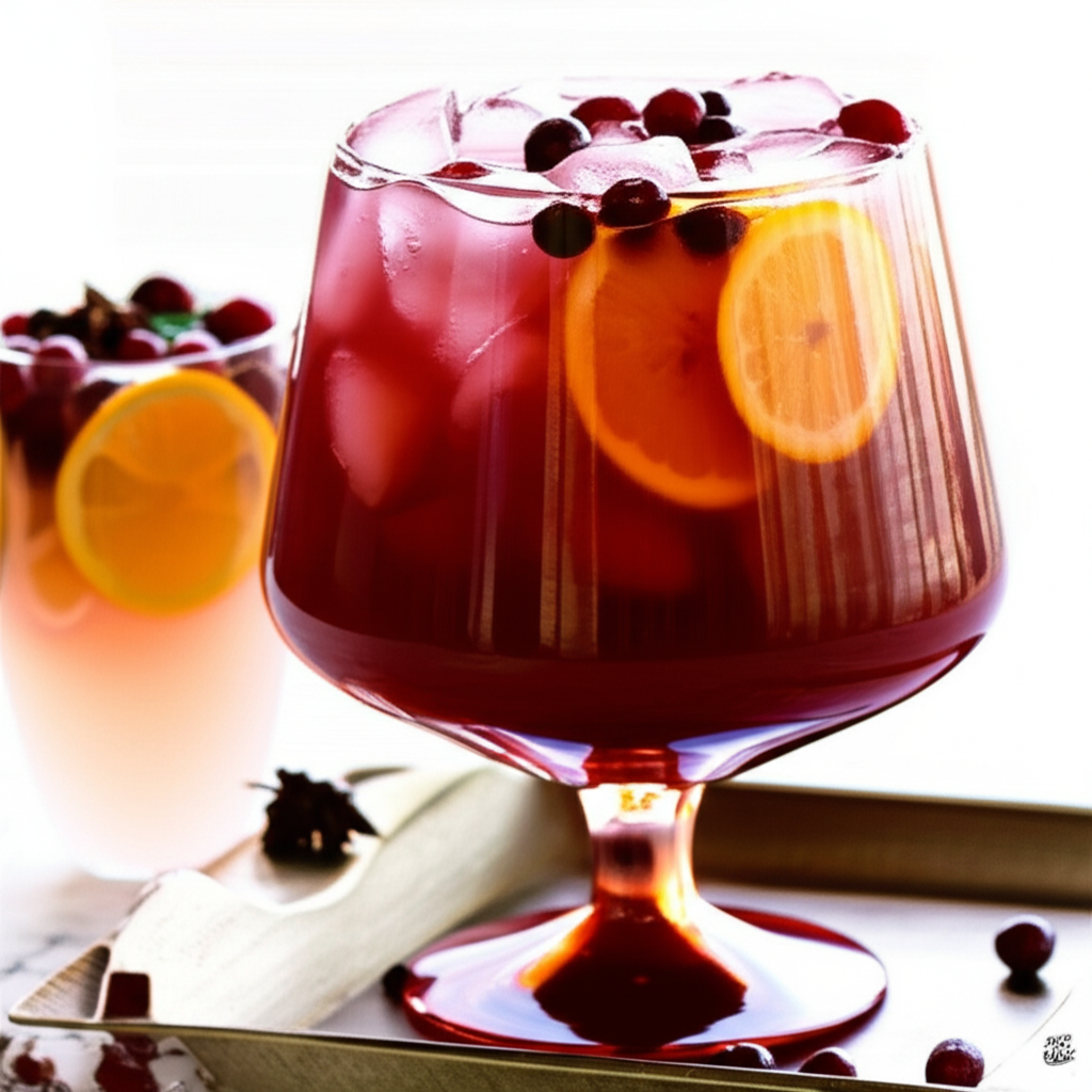 Holiday punch in glass with ice, cranberries, and orange slice.