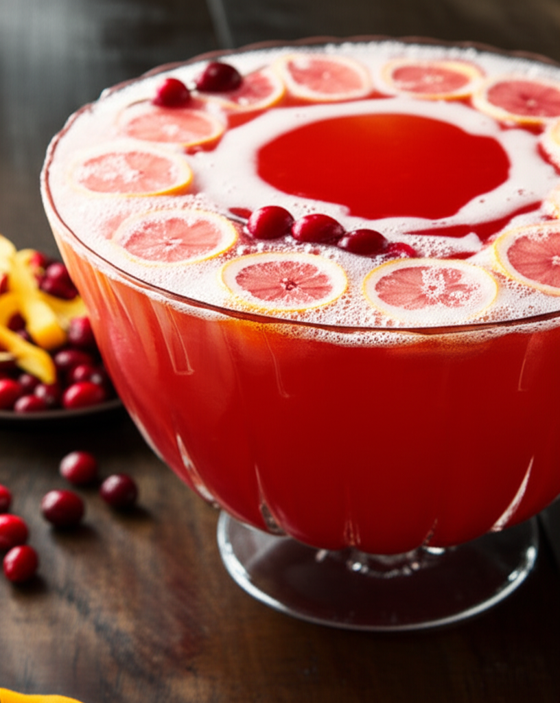 Red holiday punch in glass bowl, garnished with lemon slices and cranberries.