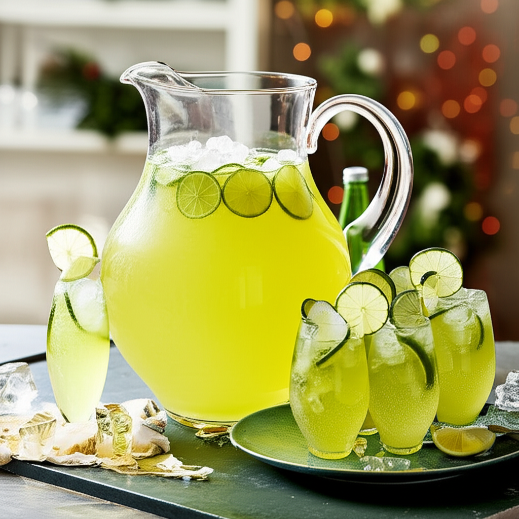 Lime punch in a pitcher and glasses, garnished with lime slices and ice.