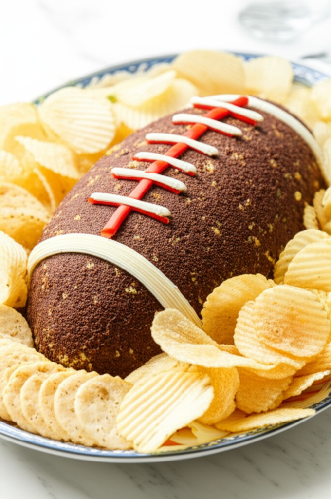 Football-shaped cheese ball with red laces and white stripes, surrounded by potato chips on a platter.