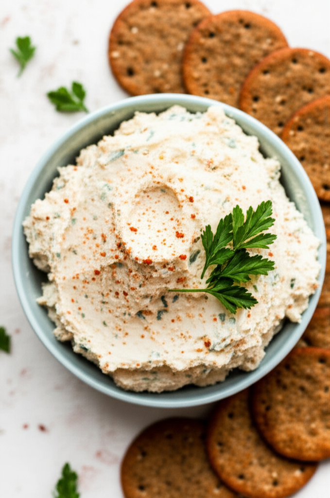 Cream cheese spread in a blue bowl, garnished with parsley and paprika, surrounded by crackers.