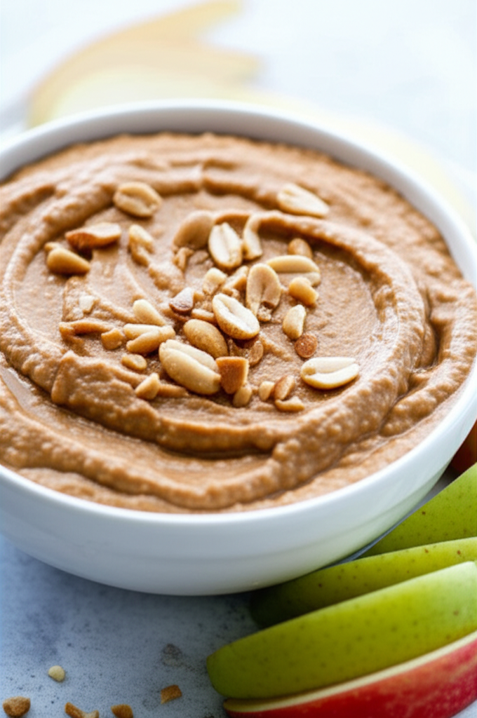 Smooth, light brown peanut dip in a white bowl, topped with peanuts, served with apple slices.