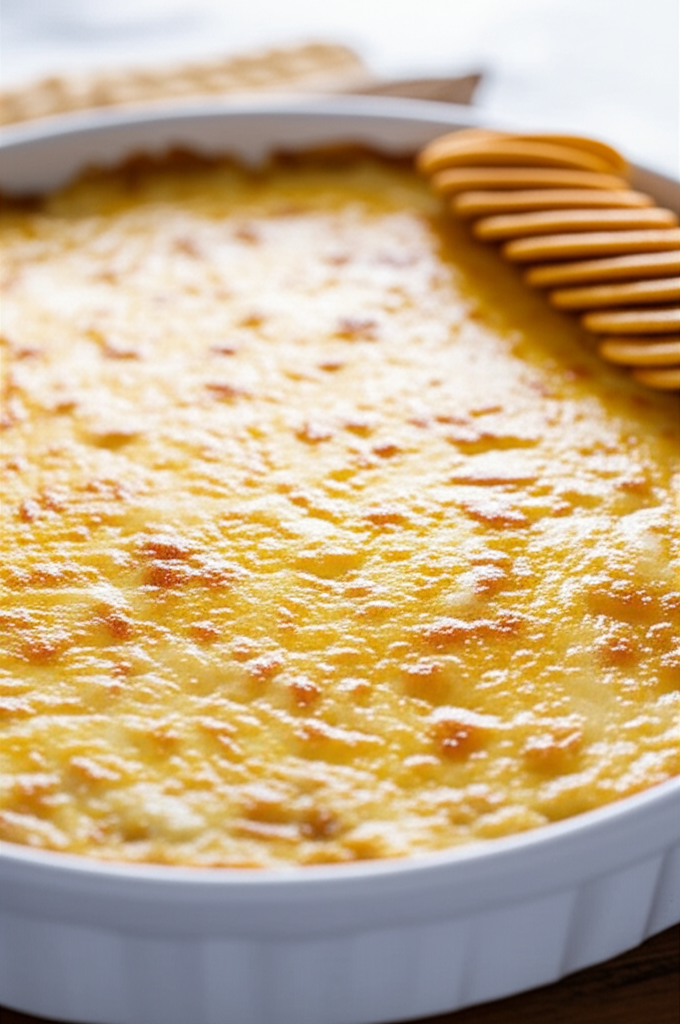 Baked cheese dip in a white dish, served with crackers. Golden brown, bubbly surface.