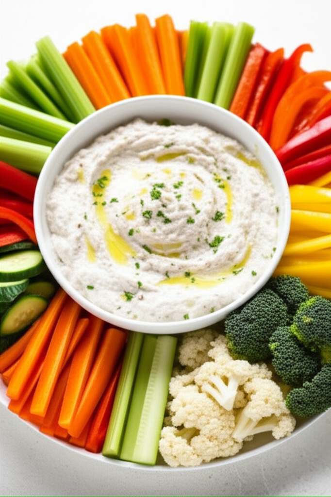 Vegetable dip in white bowl, drizzled with oil and herbs, surrounded by colorful raw vegetable sticks and florets.