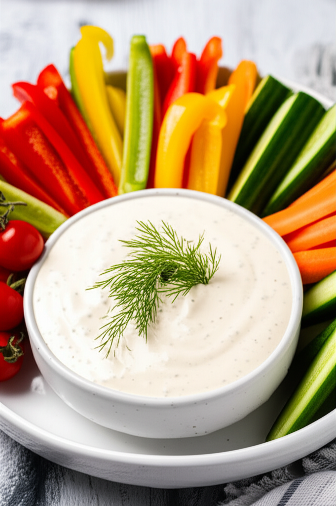 Raw vegetable sticks (peppers, carrots, cucumber) with creamy dip garnished with dill.