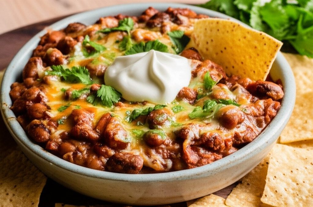 Baked Mexican bean dip topped with melted cheese, sour cream, and cilantro, served with tortilla chips.