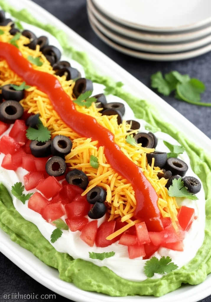 Layered taco dip on a white tray: guacamole, sour cream, tomatoes, cheese, olives, and a line of red sauce.