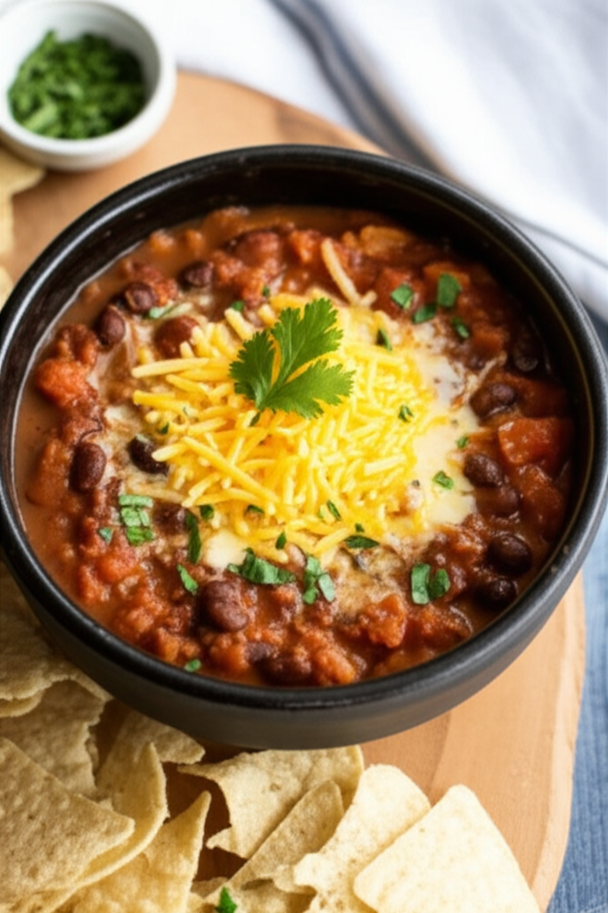 Black bean dip with melted cheese, cilantro garnish, and tortilla chips, served in a black bowl on a wooden board.