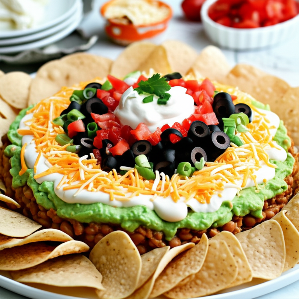 Layered Tex-Mex dip with beans, guacamole, sour cream, cheese, tomatoes, olives, and tortilla chips.