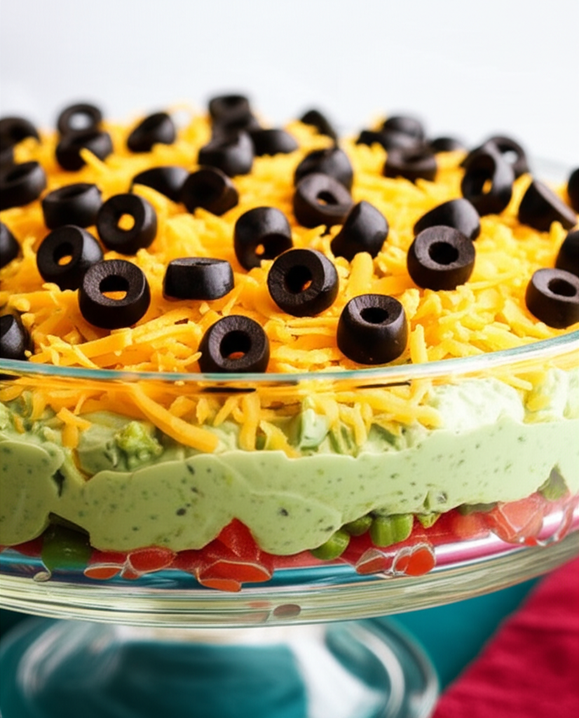 Layered party dip in glass bowl: tomatoes, green dip, shredded cheese, and black olives.