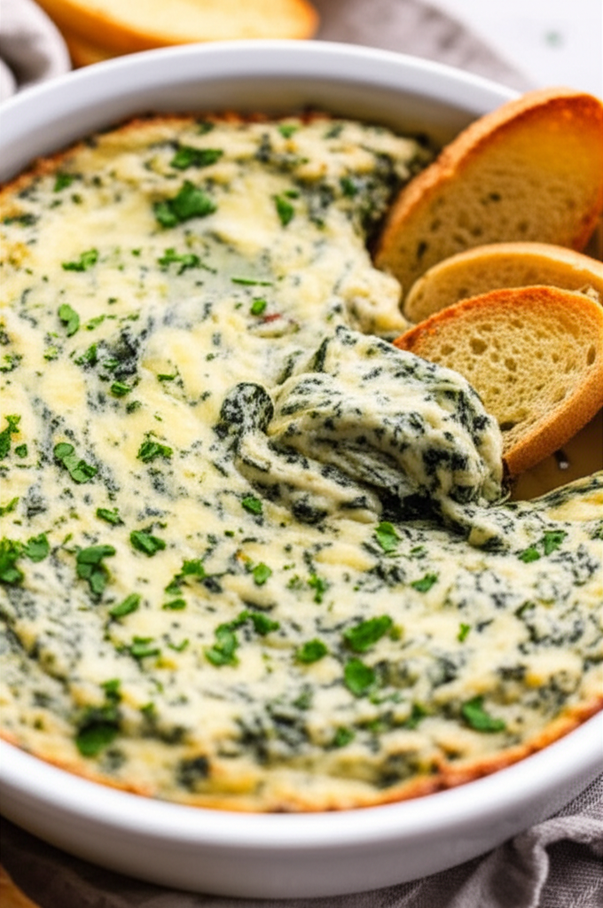Baked spinach artichoke dip in a white dish, topped with parsley, served with toasted bread slices.