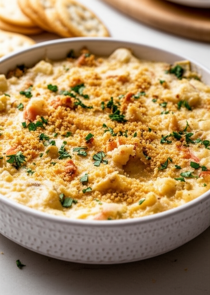 Baked artichoke seafood dip in white bowl, topped with golden breadcrumbs and parsley, served with crackers.