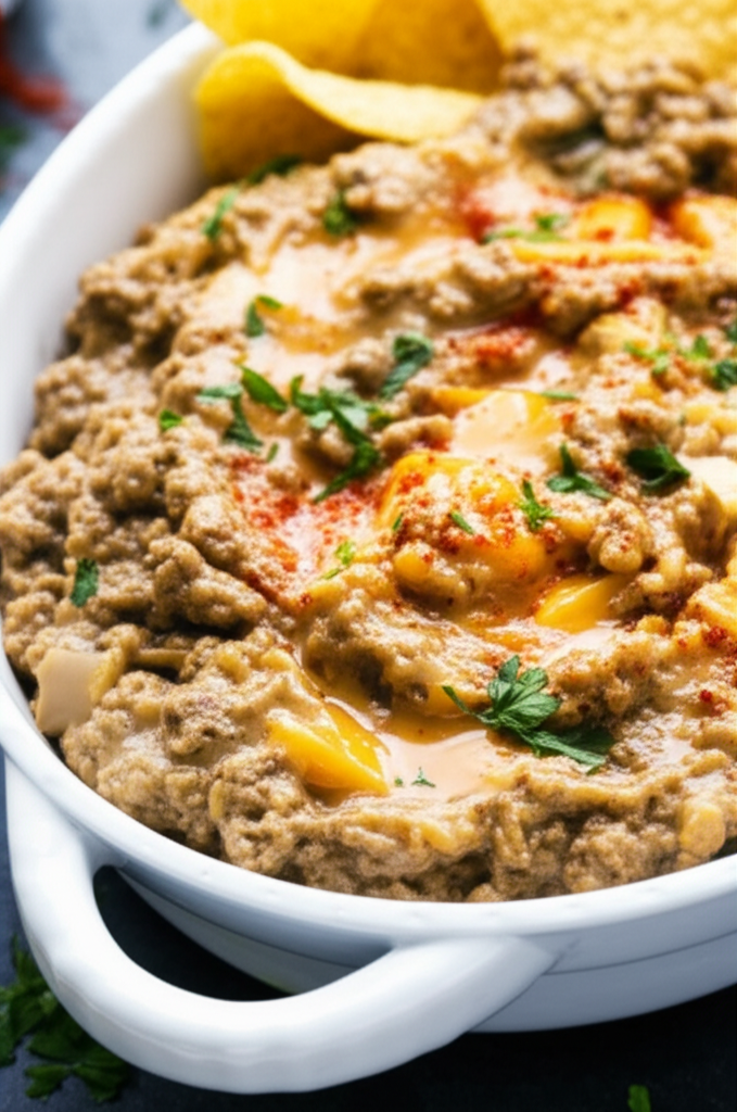 Cheesy brown dip in white bowl, garnished with paprika and parsley, served with tortilla chips.