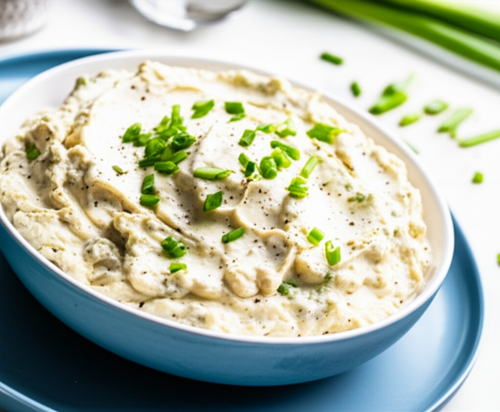 Creamy clam dip in a blue bowl, garnished with chopped chives and black pepper.