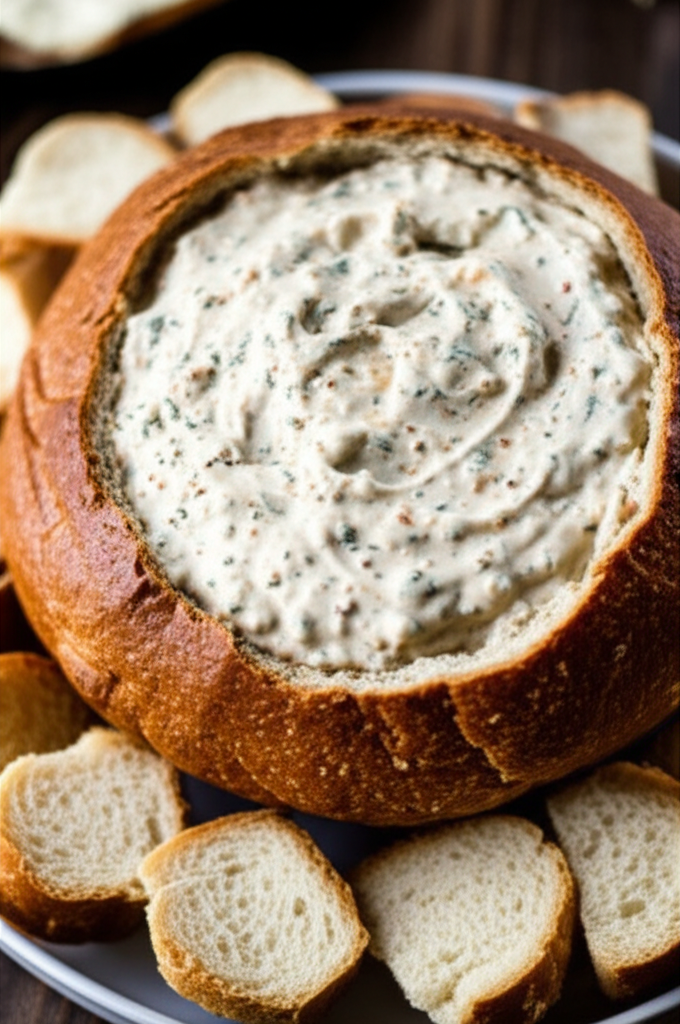 Creamy spinach dip in a round bread bowl, surrounded by sliced bread for dipping.