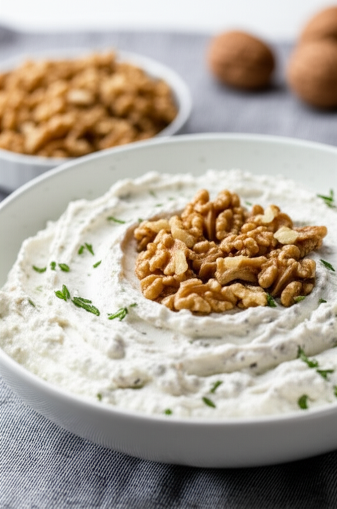 Creamy white dip in a bowl, topped with chopped walnuts and herbs. More walnuts in background.