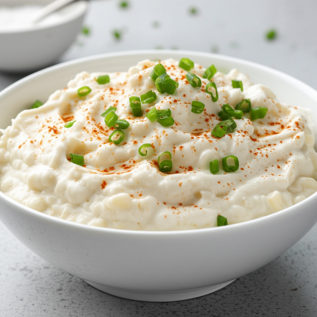 Creamy white corn dip in a white bowl, sprinkled with paprika and chopped green onions.