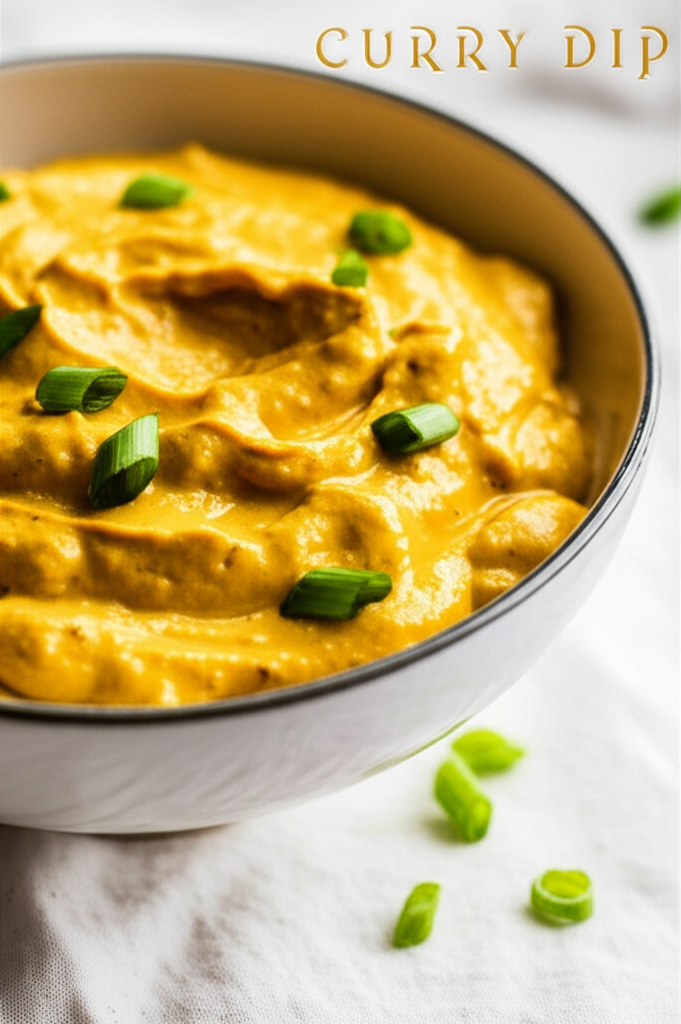 Yellow curry dip in a white bowl, garnished with sliced green onions.