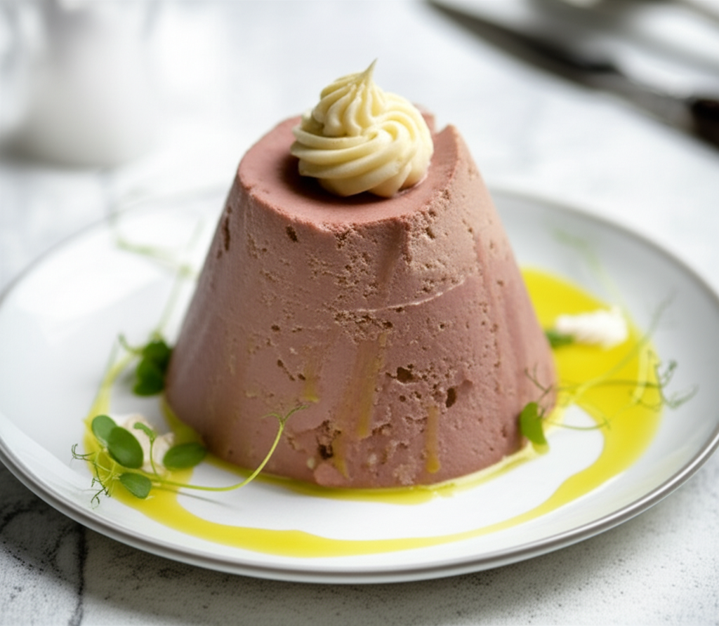 Cone-shaped pate on a plate, topped with piped butter, drizzled with oil, and garnished with microgreens.