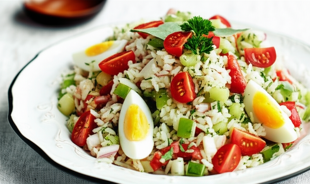 Rice salad on a white plate with halved hard-boiled eggs, tomato wedges, and green herbs.