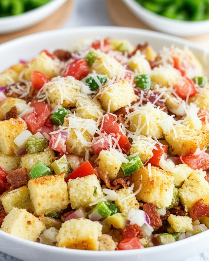 Cornbread salad in a white bowl, with tomatoes, green peppers, bacon, red onion, and shredded cheese.