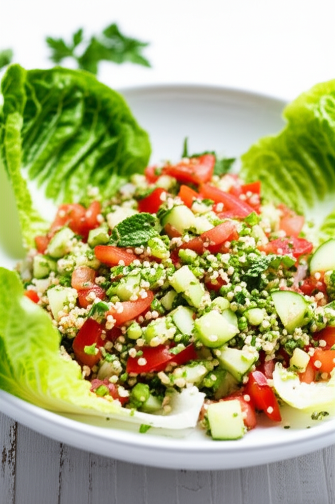 Tabouli salad: Cracked wheat with diced tomatoes, cucumbers, and herbs, served on lettuce leaves.