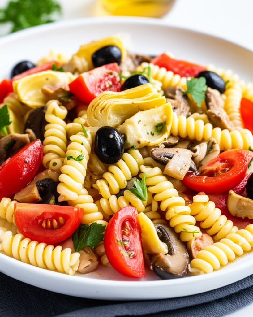 Rotini pasta salad with artichoke hearts, sliced tomatoes, mushrooms, and black olives on a white plate.