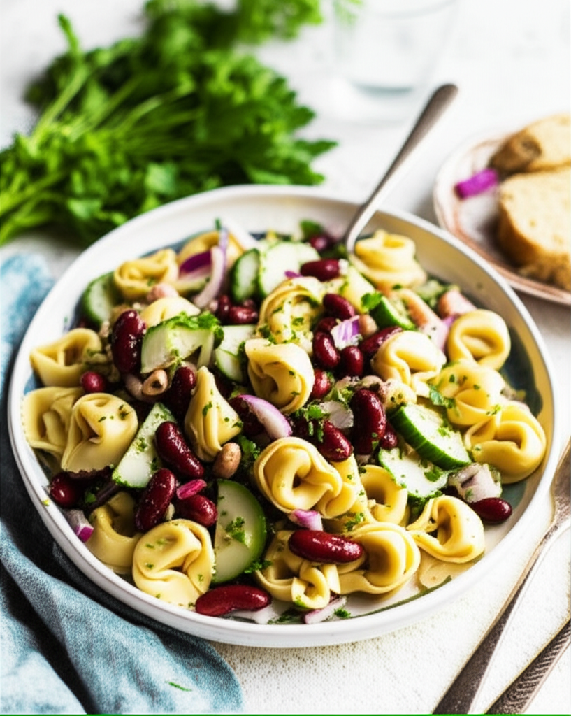 Tortellini salad with kidney beans, cucumber, and red onion in a white bowl.