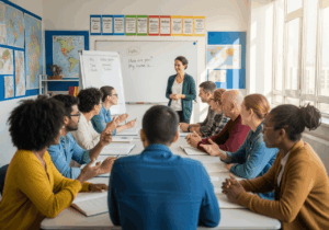 Generated image of a diverse group of people talking to each other in a classroom setting.
