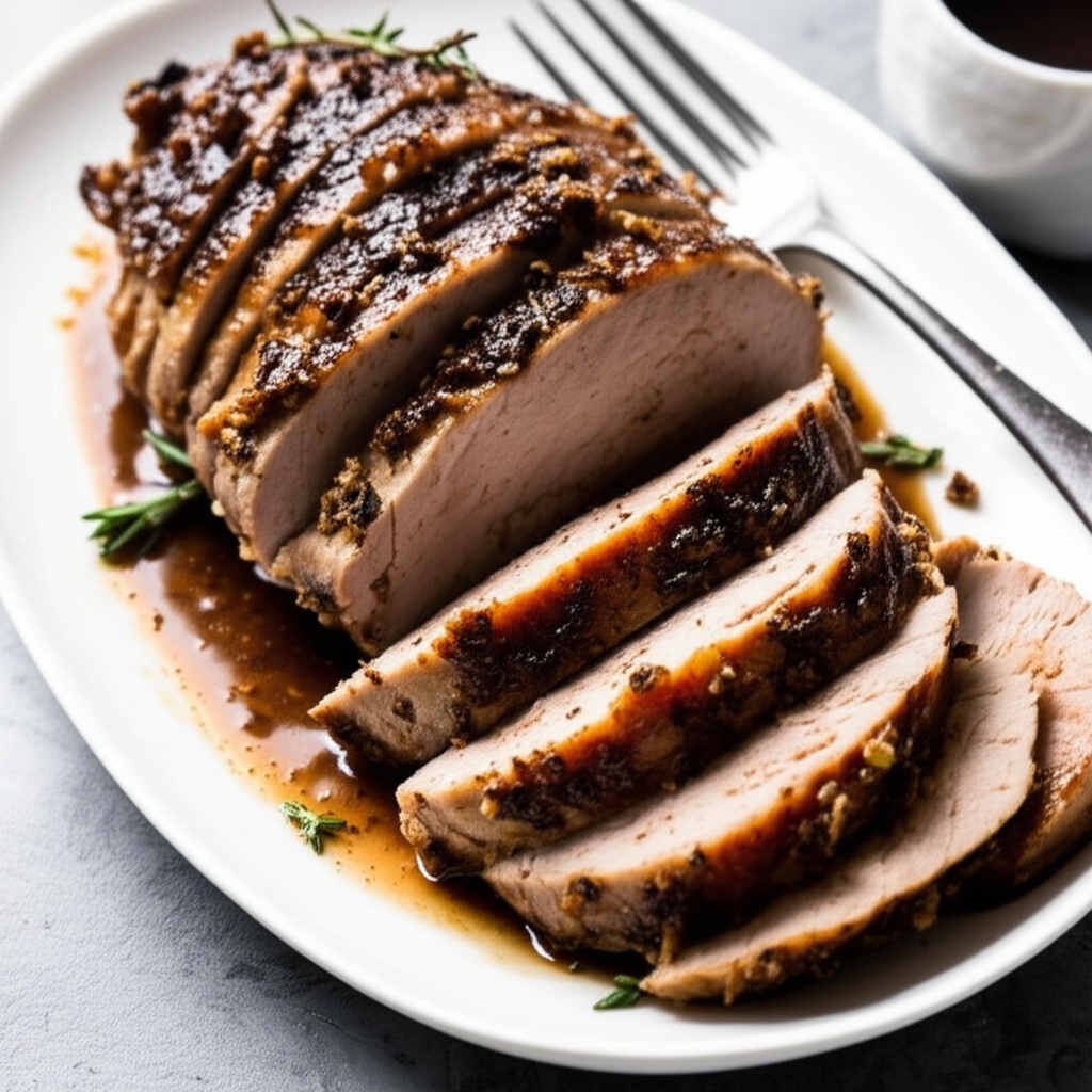 Sliced slow cooker pork tenderloin with dark glaze, served on a white platter with rosemary sprigs and gravy.