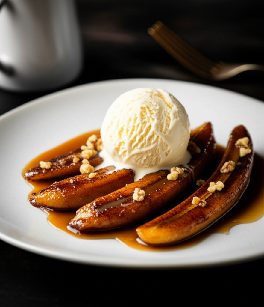 Bananas Foster: Sautéed bananas with caramel sauce, topped with vanilla ice cream and chopped walnuts on a white plate.
