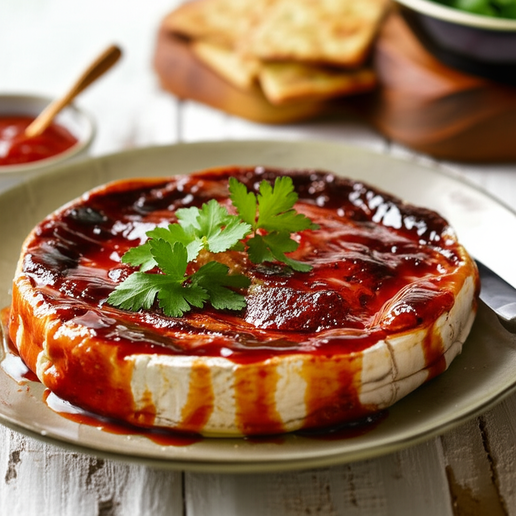 Barbecued brie on a plate, topped with red sauce and parsley. Crackers in background.