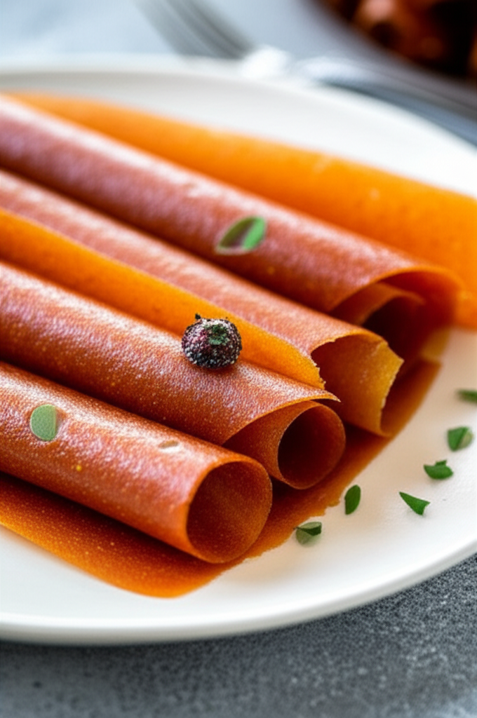 Rolled apricot fruit leather on a white plate, garnished with small green leaves and a berry.