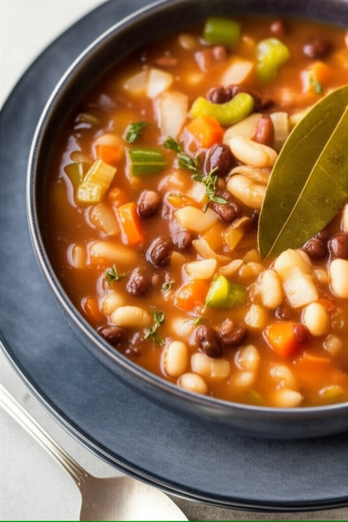 Hearty 17-bean soup in a dark bowl, showing beans, carrots, celery, and a bay leaf garnish.