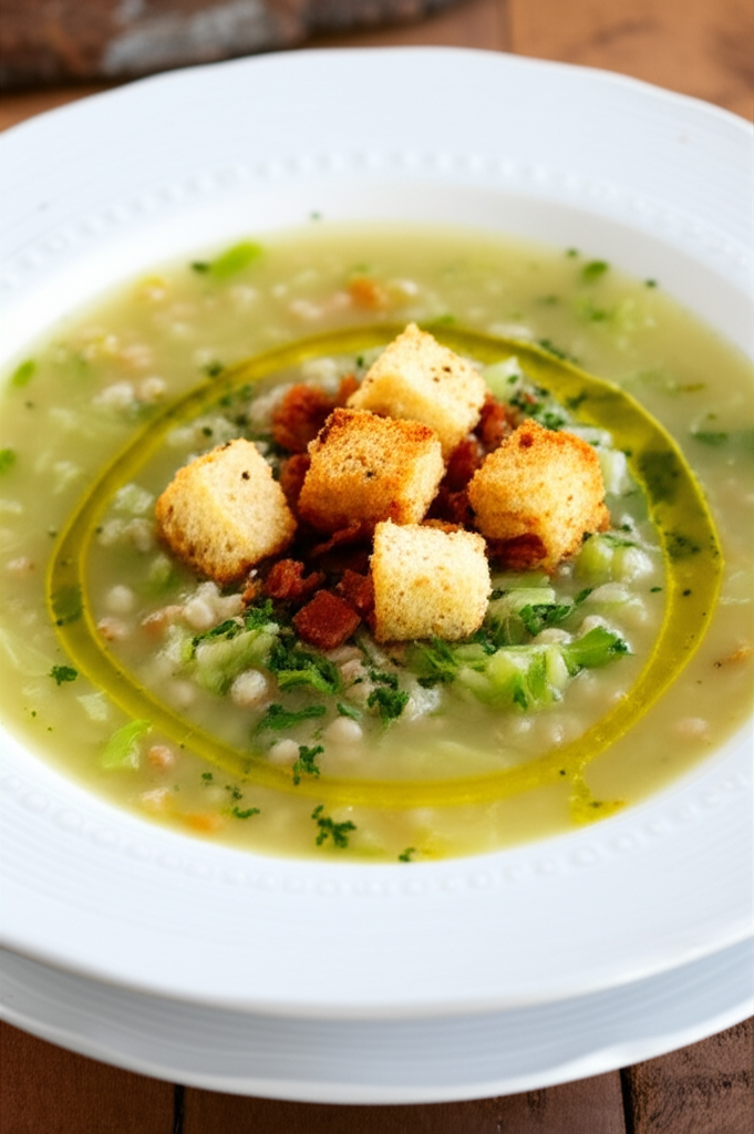 Barley-cabbage soup in white bowl, topped with croutons, bacon bits, herbs, and drizzled with olive oil.