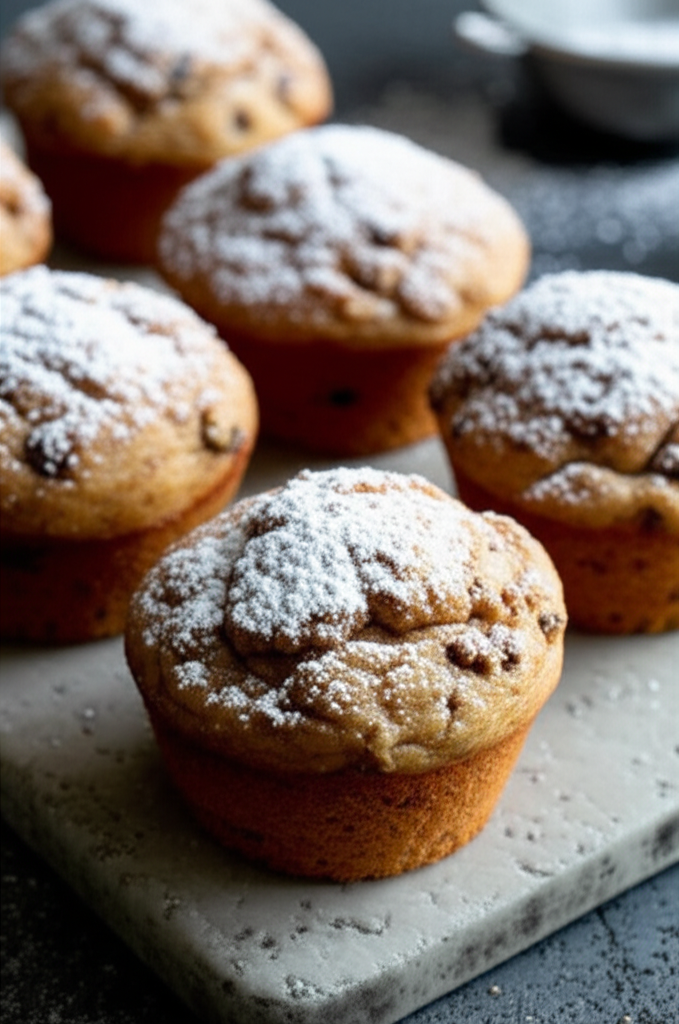 Baked muffins dusted with powdered sugar, arranged on a gray stone board.
