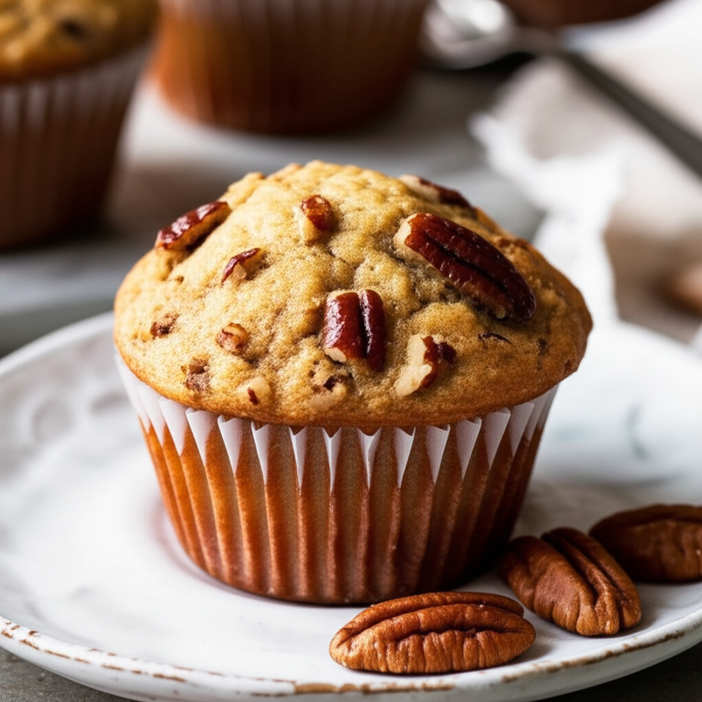 Baked pecan muffin in a paper liner on a white plate, topped with pecan halves.