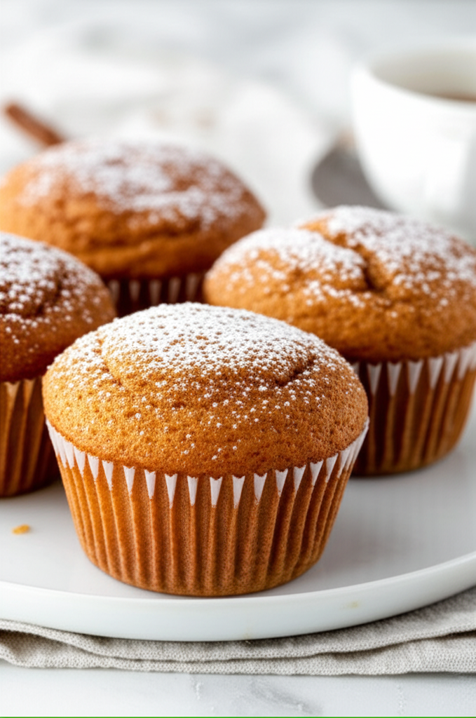 Golden-brown muffins in white paper liners, dusted with powdered sugar, served on a white plate.