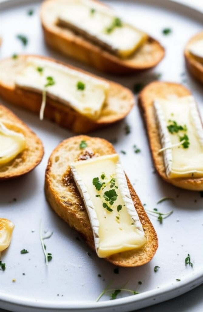 Toasted baguette slices topped with brie cheese and fresh herbs on a white plate.