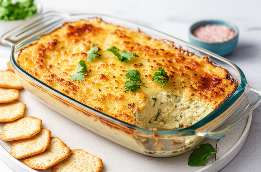 Baked artichoke spread in a glass dish, garnished with parsley, served with crackers.