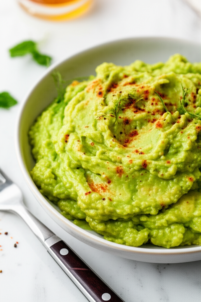 Bright green avocado spread in a bowl, sprinkled with red pepper flakes and dill sprigs.