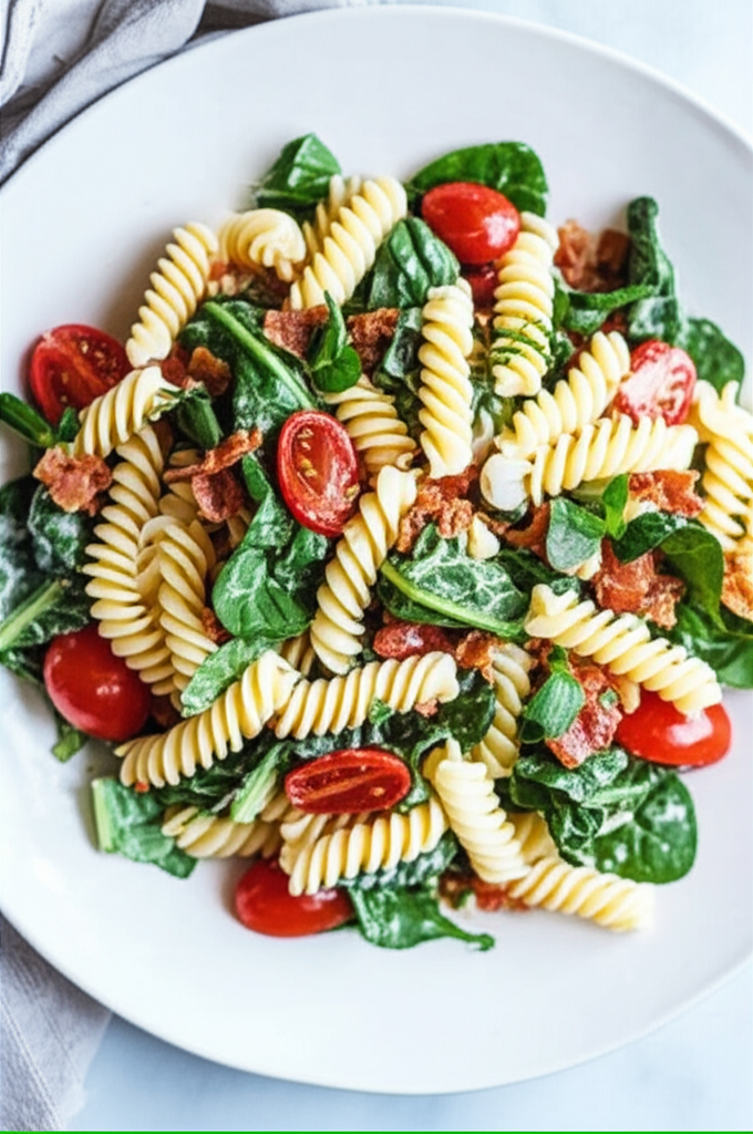 Rotini pasta salad with spinach, halved cherry tomatoes, and bacon bits on a white plate.