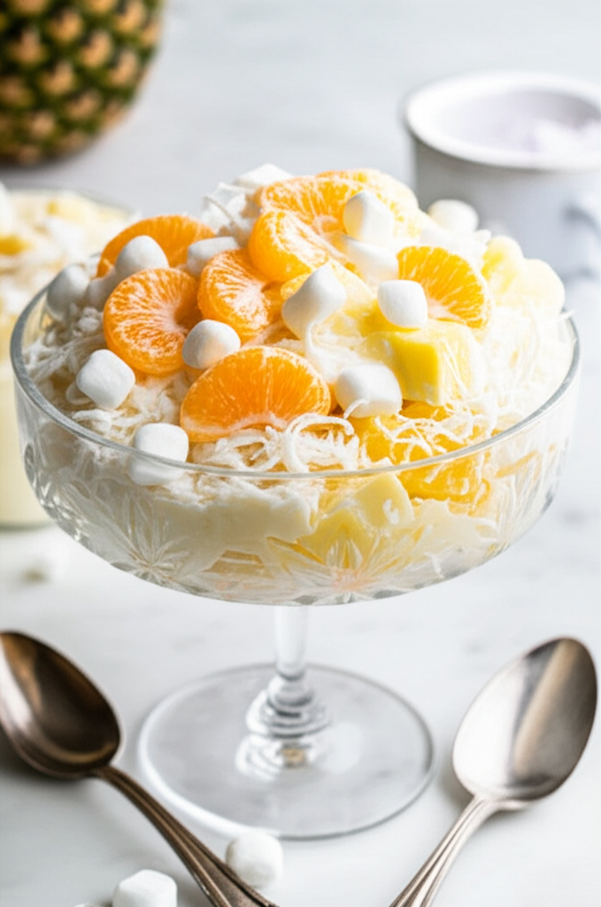 Fruit salad in glass pedestal bowl: mandarin oranges, pineapple, marshmallows, and shredded coconut.