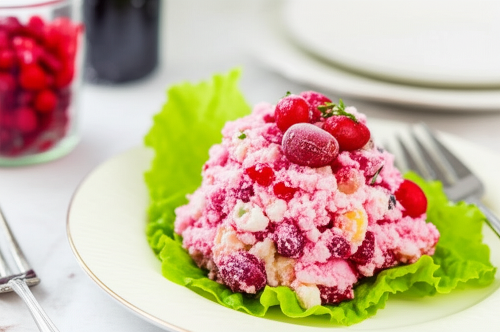 Pink frozen cranberry salad on lettuce leaf, topped with frosted cranberries.
