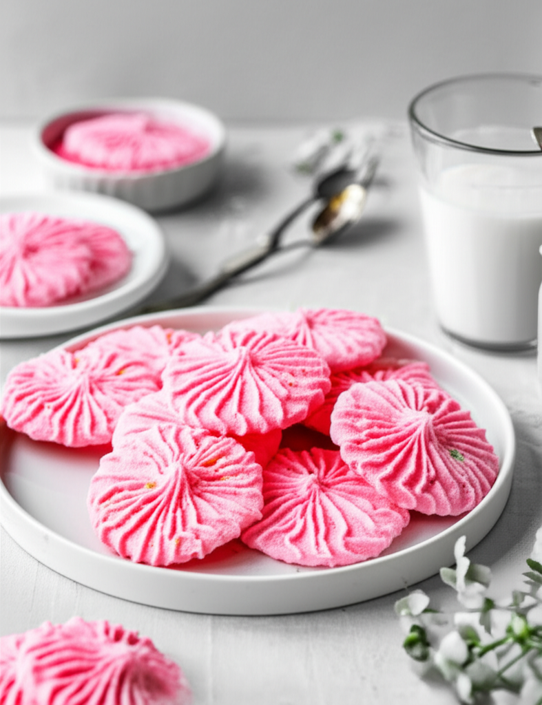 Pink pastel cookies with a swirl pattern on a white plate, served with a glass of milk.