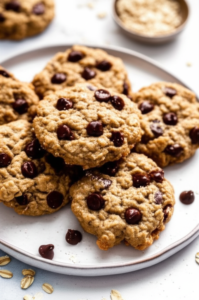 Pile of baked oatmeal cookies with chocolate chips on a white plate.